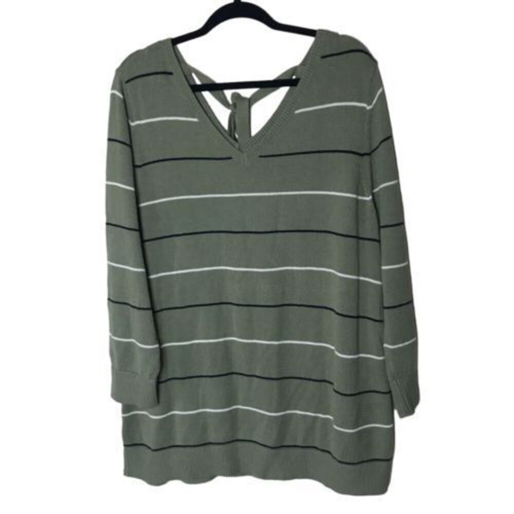 Talbots Sweater‎ Womens Extra Large Green Striped Tunic Pima Cotton V Neckline